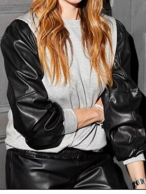 Finley Puff-Sleeve Faux Leather Sleeve Crewneck Top Black Light Gray sweatshirt